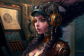 Wall Mural - anime girl with headset vibe to music , cyberpunk, steampunk, sci-fi, fantasy