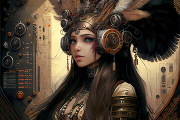 Wall Mural - anime girl with headset vibe to music , cyberpunk, steampunk, sci-fi, fantasy