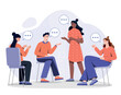 © Rudzhan - Concept of discussion. Man and women discussing solution to problem. Teamwork and brainstorming. Collaboration and cooperation, interaction. Poster or banner. Cartoon flat vector illustration