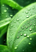 Macro Photography Of Green Leaf With Water Drops. Generative AI