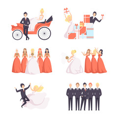 Wall Mural - Newlyweds Couple as Just Married Male and Female in Wedding Dress and Suit Vector Set