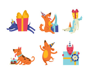 Canvas Print - Cute Doggy Character in Birthday Hat Celebrating Holiday Vector Set