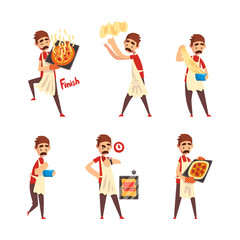 Canvas Print - Moustached Male Pizza Maker in Apron Preparing Italian Pizza Kneading Dough Vector Set