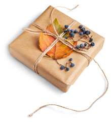 Canvas Print - Christmas gift. Autumn nature leaves and kraft paper as decoration.