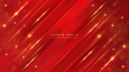 Wall Mural - Red luxury background with oblique golden lines, sparkle glow, glitter light, bokeh and beam effect decoration. Elegant abstract design template vector