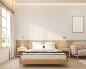 Wall Mural - Minimalist style bed room decorated with side table and hanging lamp. 3d rendering