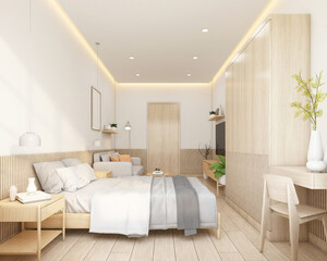 Wall Mural - Minimalist style tiny room decorated with bed and wardrobe, sofa and tv cabinet. 3d rendering