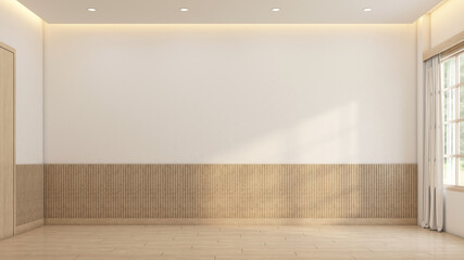 Wall Mural - Minimalist style empty room decorated with white wall and wooden slats wall. 3d rendering