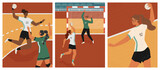 Women's handball game vector posters set. Female handball players on a field. Girl attack and throwing the ball. Handball woman player in uniform