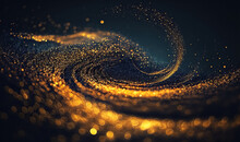 Digital Gold Particles Wave And Light Abstract Background With Shining Floor Particle Stars Dust. Futuristic Glittering Luxury Golden Sparkling On Black Background. 