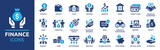 Fototapeta  - Finance icon set. Containing loan, cash, saving, financial goal, profit, budget, mutual fund, earning money and revenue icons. Solid icons collection.