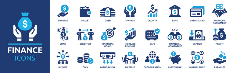 finance icon set. containing loan, cash, saving, financial goal, profit, budget, mutual fund, earnin
