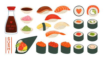 Sushi rolls gunkan temaki soy sauce ginger wasabi set japan asian food vector logo design pack isolated