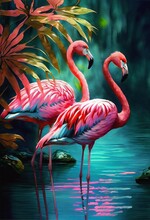 Pink Flamingos Pond Decor, Wall Art Generative Ai