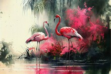 Pink Flamingos Pond Decor, Wall Art Generative Ai
