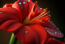 Red Amaryllis Flowers With  Morning Dew Drops. Close Up. Digital Artwork
