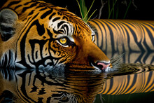 Portrait Of A Tiger In Water.  Dangerous Predator In Natural Habitat. Digital Artwork