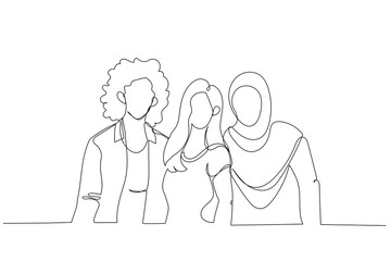 Wall Mural - Illustration of group of three friends looking at camera enjoying vacation together. Single continuous line art