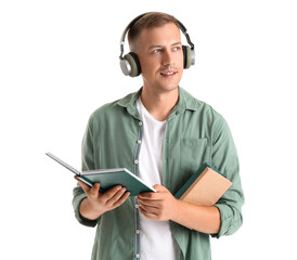 Poster - Young man with headphones and books on white background. Online education