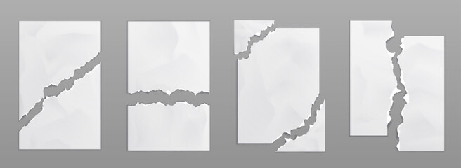 Poster - Realistic set of torn paper sheets isolated on grey background. Vector illustration of ripped blank white pages with uneven texture edges. Damaged document or photography mockup, broken agreement