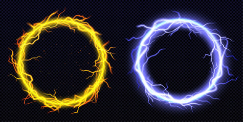 Poster - Set of round lightning frames png isolated on transparent background. Realistic vector illustration of magic energy effect circles in sparkling yellow and neon blue colors. Game ui design elements