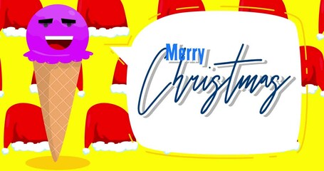 Poster - Ice Cream saying Merry Christmas. Colorful animated summer sweet food cartoon character. 4k resolution animation, moving image.