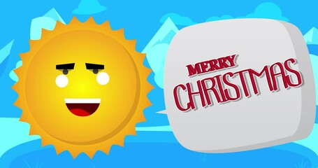Poster - Summer sun saying Merry Christmas word with speech bubble on blue sky. Simple animation of a bright orange sunlight.