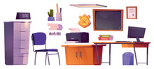 Police Station Office Inside With Desk, Computer, Chair, File Cabinet, Gold Badge On Wall And Blackboard. Police Department Room, Detective Workplace Furniture, Vector Cartoon Set