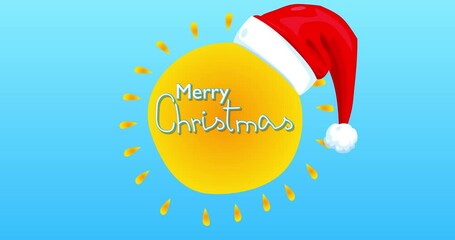 Poster - Merry Christmas text in the center of a yellow hot summer sun on blue sky. Simple animation of a bright orange sunlight.