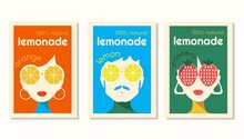 Vector Label Set For Lemonade In Retro Style.  Label Design For Strawberry, Lemon And Orange Lemonade With Characters Wearing Big Glasses In 70's Style.