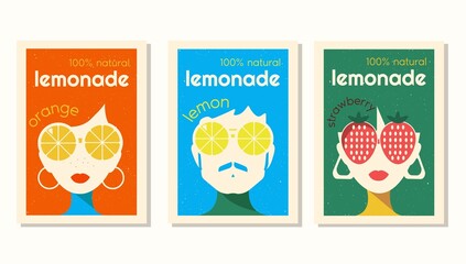 vector label set for lemonade in retro style. label design for strawberry, lemon and orange lemonade