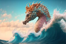 Unique Fantasy Sea Horse Creature Rising From The Ocean Depths, Ancient Mythical Giant Aquatic Animal.