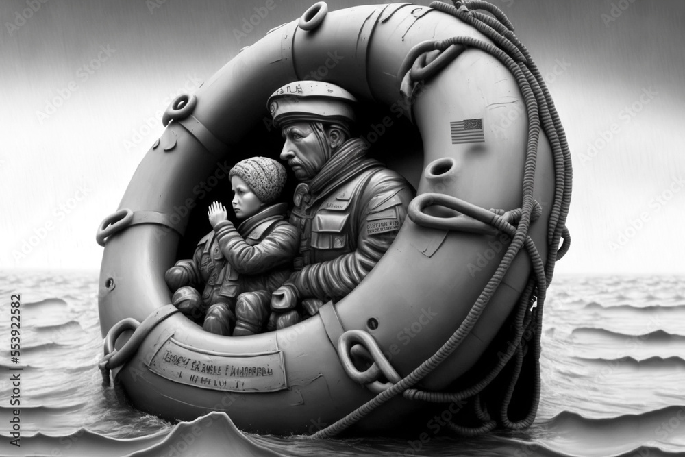 An adult and a child lost at sea, huddled in a lopsided life raft ...
