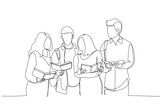 Fototapeta  - Illustration of students study in library, young people spend time together and search information. Single line art style