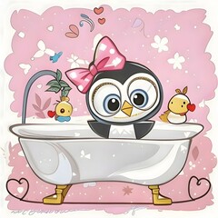  Beautiful illustration of Penguin girl in bathroom cartoon.