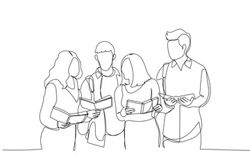Illustration of students study in library, young people spend time together and search information. Single line art style