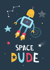 Wall Mural - space print with cute flying robot. cartoon cosmic poster with robot astronaut and lettering.