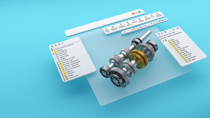 Wall Mural - Engineering project, 3D CAD software model of a gear wheel. Mechanical dimensional digital production factory, computer screen. 3d rendering.