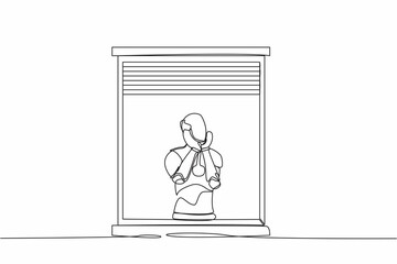 Poster - Continuous one line drawing robot sadly with support the chin near window. Coronavirus impact in tech business. Humanoid robot cybernetic organism. Single line draw design vector graphic illustration