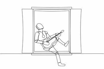 Poster - Single one line drawing robot sitting on windowsill playing guitar and sing song. Relaxation, comfort, romantic. Modern robotic artificial intelligence. Continuous line draw design vector illustration
