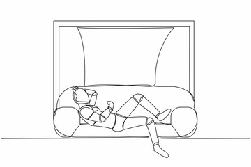 Poster - Single one line drawing robot lying on sofa near windowsill at home. Spending time, relaxing after work. Modern robotic artificial intelligence. Continuous line draw design graphic vector illustration