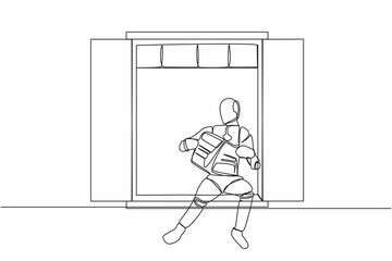 Poster - Continuous one line drawing of relaxed robot sitting on windowsill and reads newspaper. Cozy balcony. Humanoid robot cybernetic organism. Future robotic. Single line design vector graphic illustration