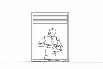 Poster - Single one line drawing of robot with plant holding cat and looking through window. Robotic artificial intelligence. Electronic technology industry. Continuous line design graphic vector illustration