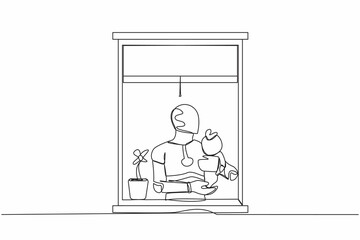 Aufkleber - single continuous line drawing robot holding newborn baby cyborg near window. future technology deve