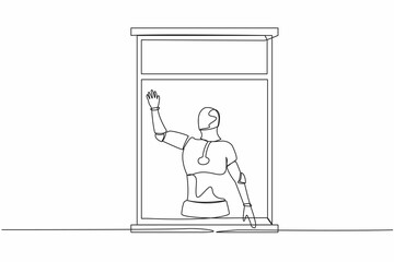 Poster - Continuous one line drawing robot waving at window as look like to greet or invite friends to come in. Humanoid robot cybernetic organism. Future robotic. Single line draw design vector illustration