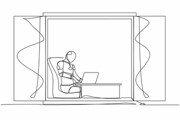 Poster - Single continuous line drawing robot sitting at desk and using laptop near window. Factory management. Future technology development. Artificial intelligence. One line draw design vector illustration