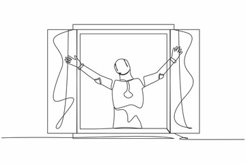 Poster - Single one line drawing happy robot looking out of window meet new day breathe fresh air. Robot artificial intelligence. Electronic technology industry. Continuous line draw design vector illustration