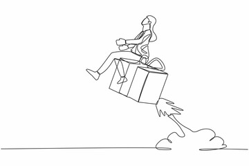 Poster - Continuous one line drawing of businesswoman riding gift box rocket flying in the sky. Package cardboard box with attached rockets. Big box with booster. Single line design vector graphic illustration