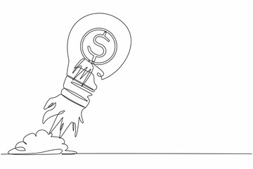 Poster - continuous one line drawing dollar coin launching with light bulb. business startup and growth, succ
