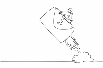 Poster - Single one line drawing businesswoman riding paper envelope rocket flying in sky. Social media business project. Digital message development program. Continuous line graphic design vector illustration